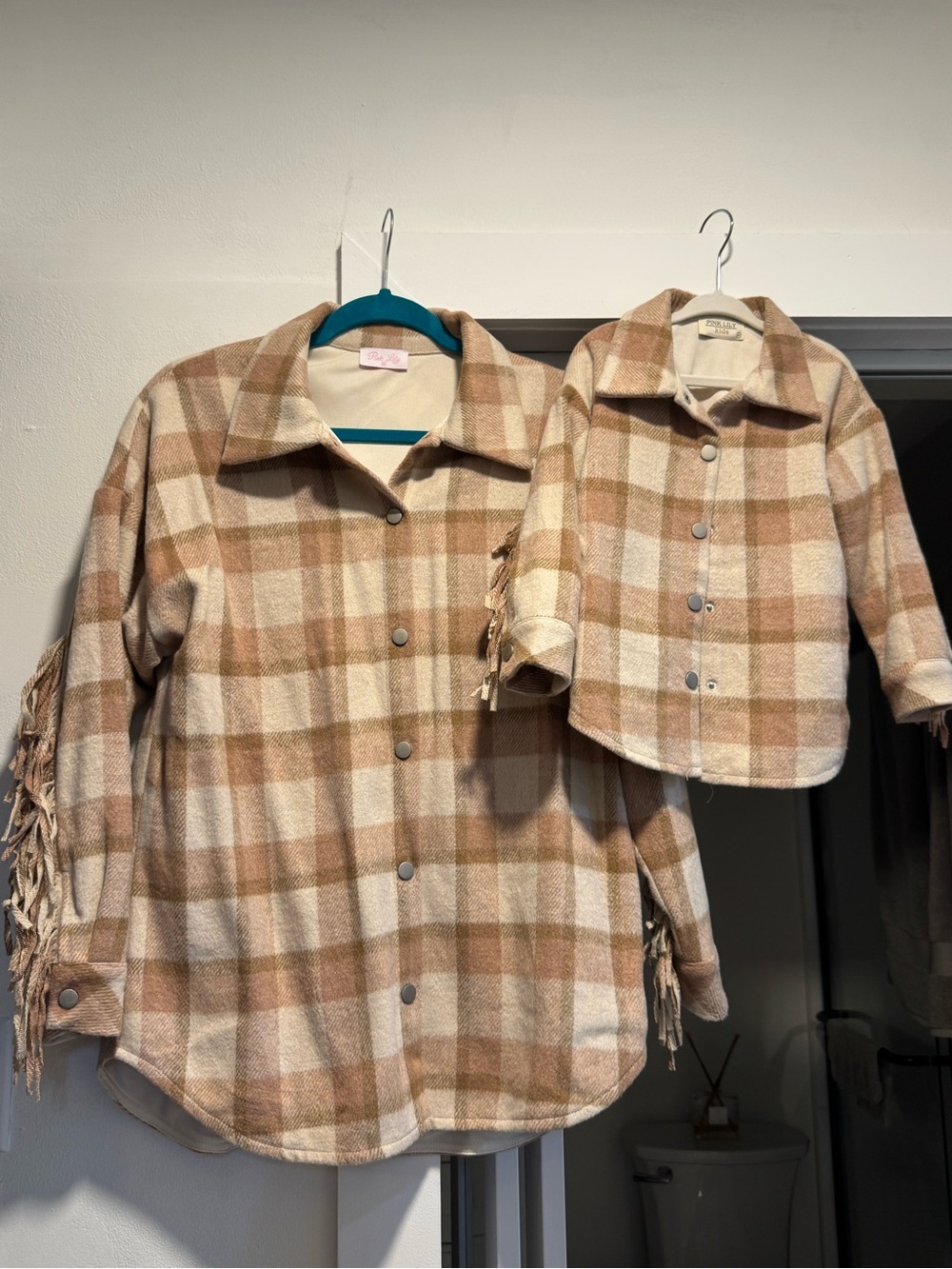 Pink Lily x Krista Horton Beige + cream Plaid Button-Down Shirt jacket w/fringe